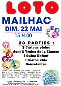 Loto du comité des fêtes de Mailhac. Le dimanche 22 mai 2016 à Mailhac. Aude.  15H00